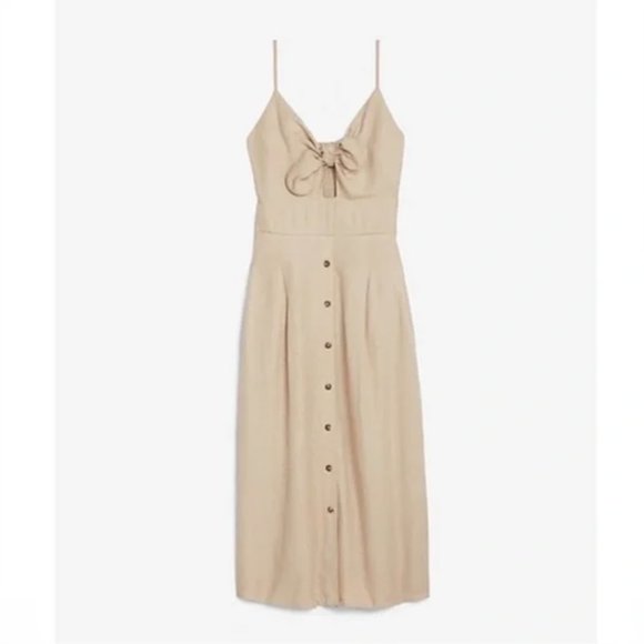 Express | NWT Linen-Blend Button Front Tie Midi Dress - Picture 5 of 16